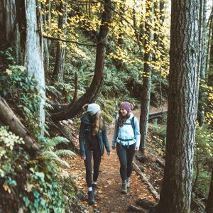 Women hiking in the woods