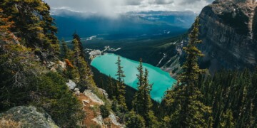 Blue lake from above surrounded by trees