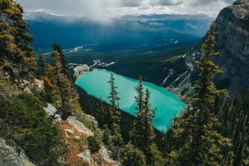 Blue lake from above surrounded by trees