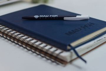 Mad Fish branded pen on top of two notebooks.