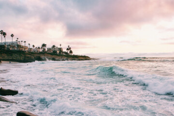 crashing waves with palm trees in the distance