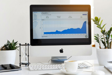 Mac computer monitor on desk with plants, keyboard, and coffee.