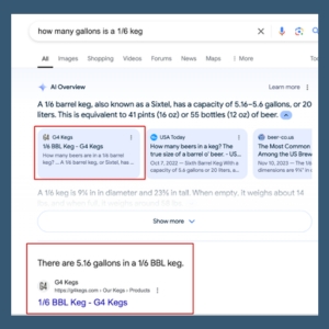 Desktop search results page showing the AI Overview for the search 'how many gallons is a 1/ keg'.